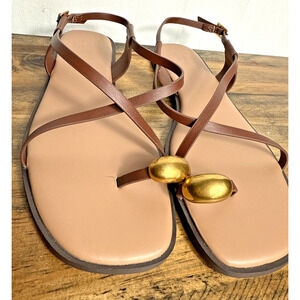 LOFT Brown Sandals Size 9 NWOB Strappy Casual Gold Embellished Buckle Square Toe